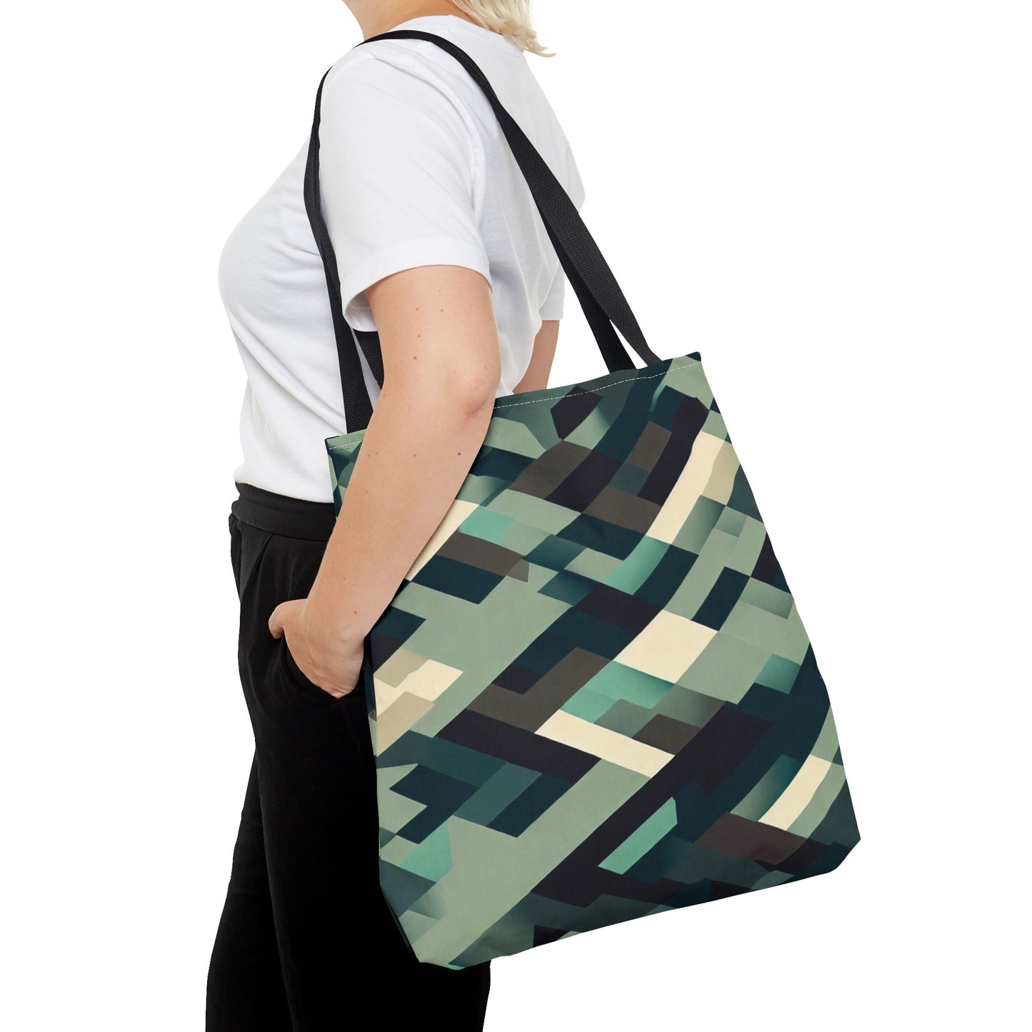 Geometric Green Block Pattern Tote Bag – 100% Polyester – 2 Sizes