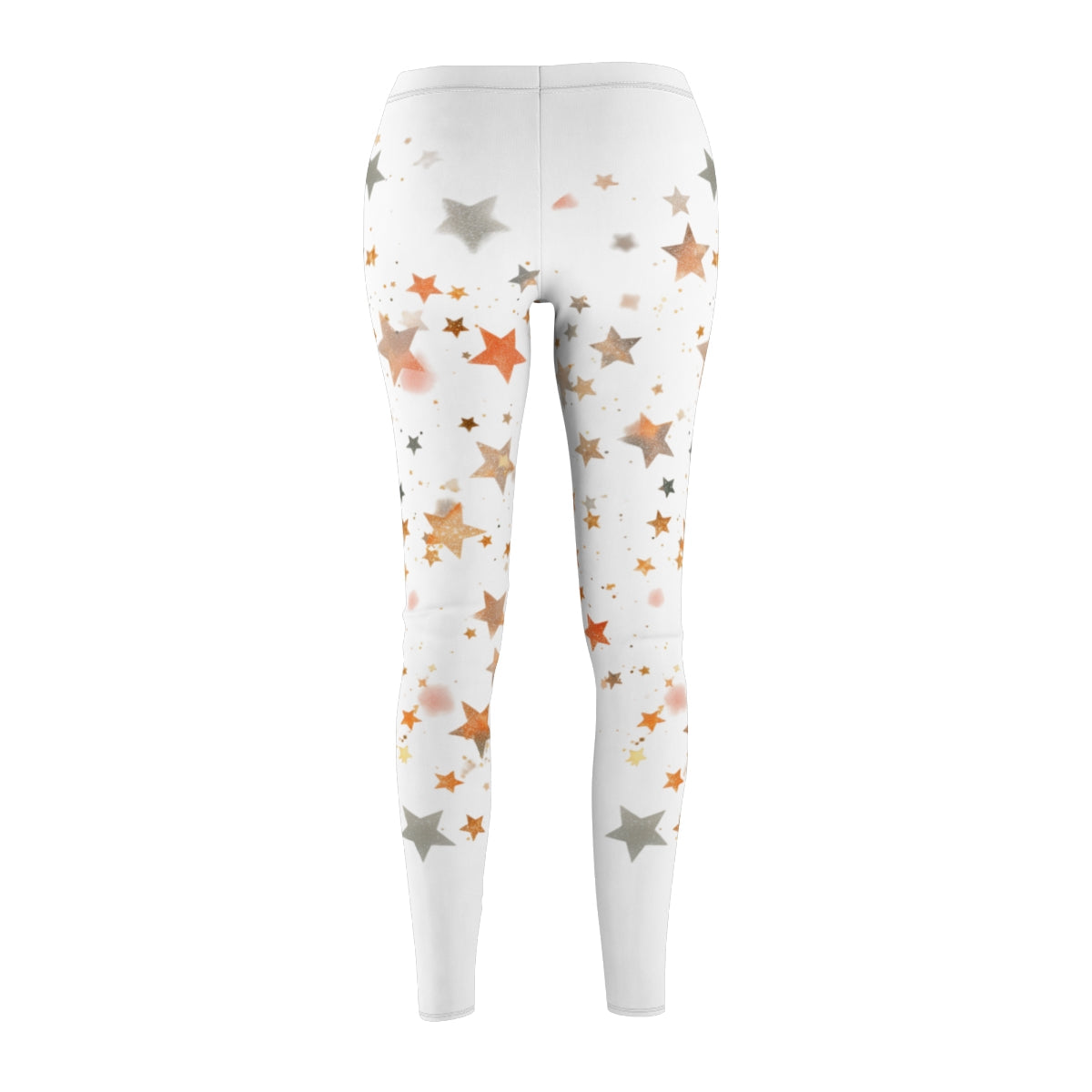 White leggings with scattered orange, gold, and gray stars concentrated around the upper and mid‑leg and fading toward the lower legs