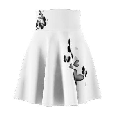 White flared skater skirt with a high waistband featuring a black and gray butterfly and heart pattern concentrated along the right side and near the waistband 