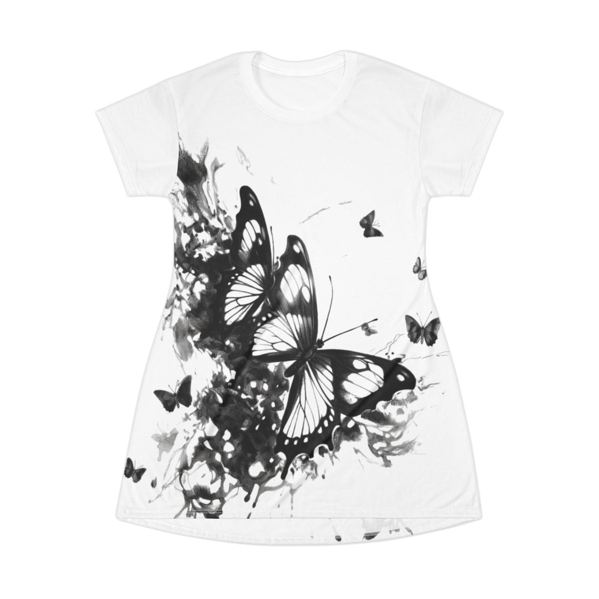 White short sleeve T‑shirt dress with a large black butterfly graphic surrounded by smaller butterflies and abstract black splatter accents on the front