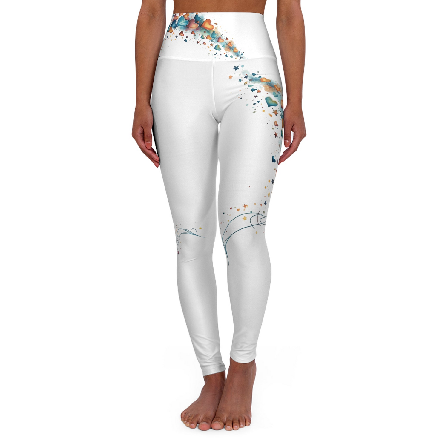 White high‑waisted leggings with multicolored hearts and stars cascading diagonally from the waistband down the right leg, accented by swirling blue lines and scattered stars near the lower legs