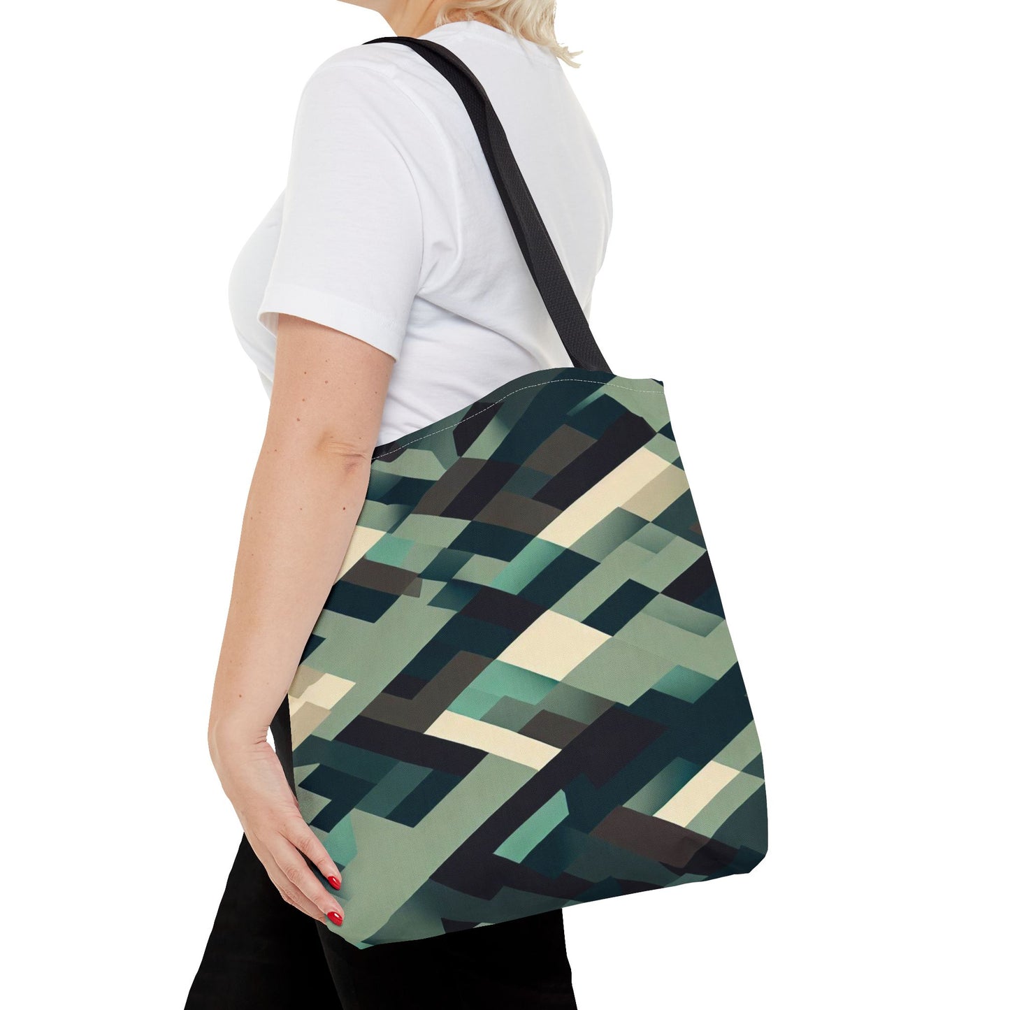 Geometric Green Block Pattern Tote Bag – 100% Polyester – 2 Sizes
