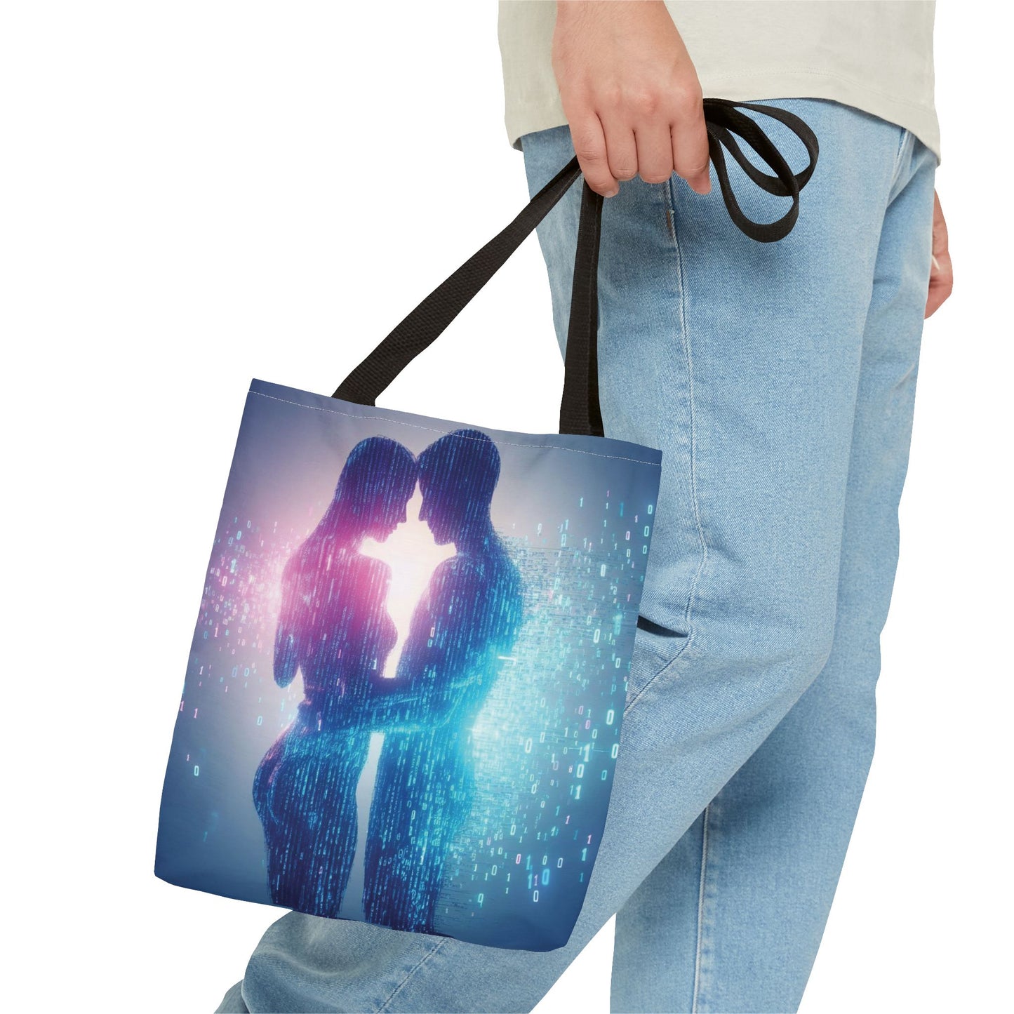 Tote bag with a design of two people embracing, held by a person wearing light blue jeans.
