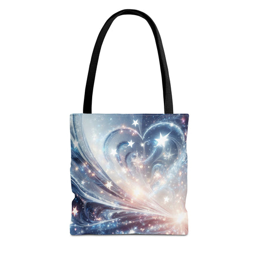 Tote bag with a heart-shaped galaxy design on a white background