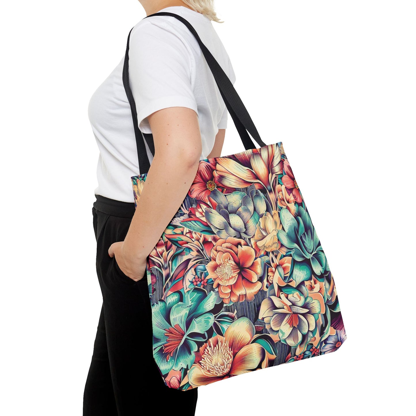 Vibrant Floral Pattern Tote Bag – 100% Polyester – 2 Sizes