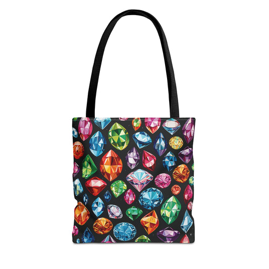 Tote bag with colorful gemstone pattern on a black background