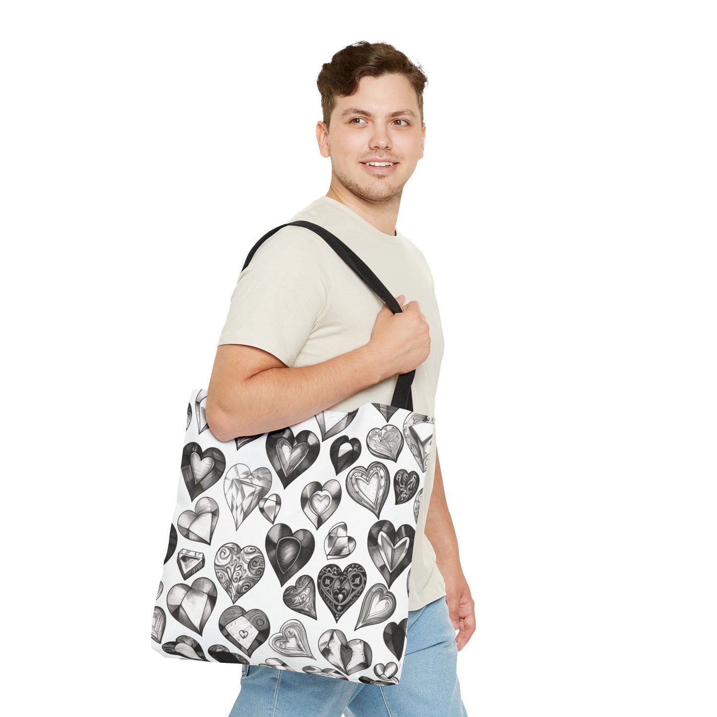 Grayscale Heart Pattern Tote Bag – 100% Polyester – 2 Sizes