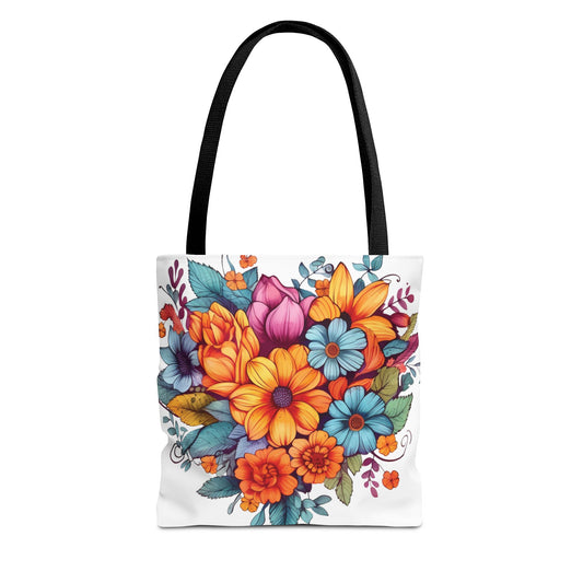 Tote bag with colorful floral design on a white background