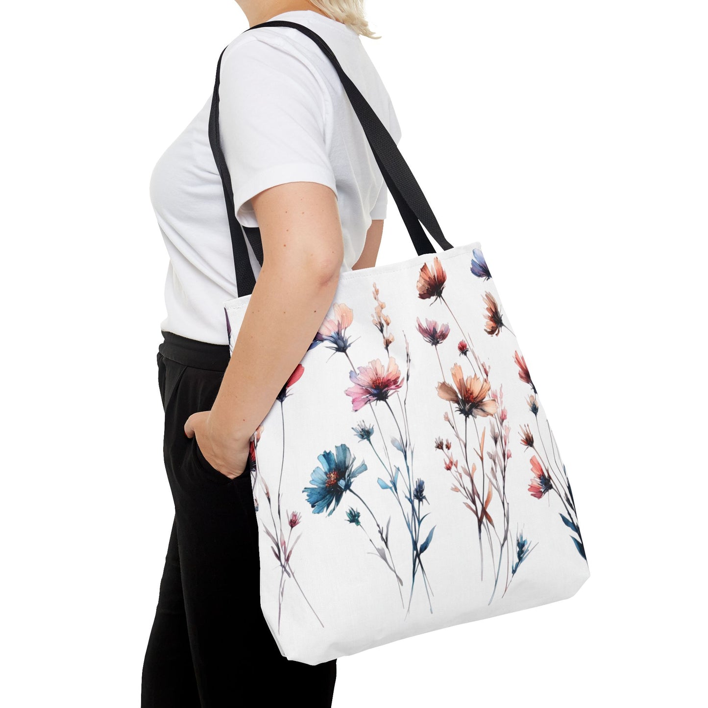 Watercolor Wildflower Pattern Tote Bag – 100% Polyester – 2 Sizes
