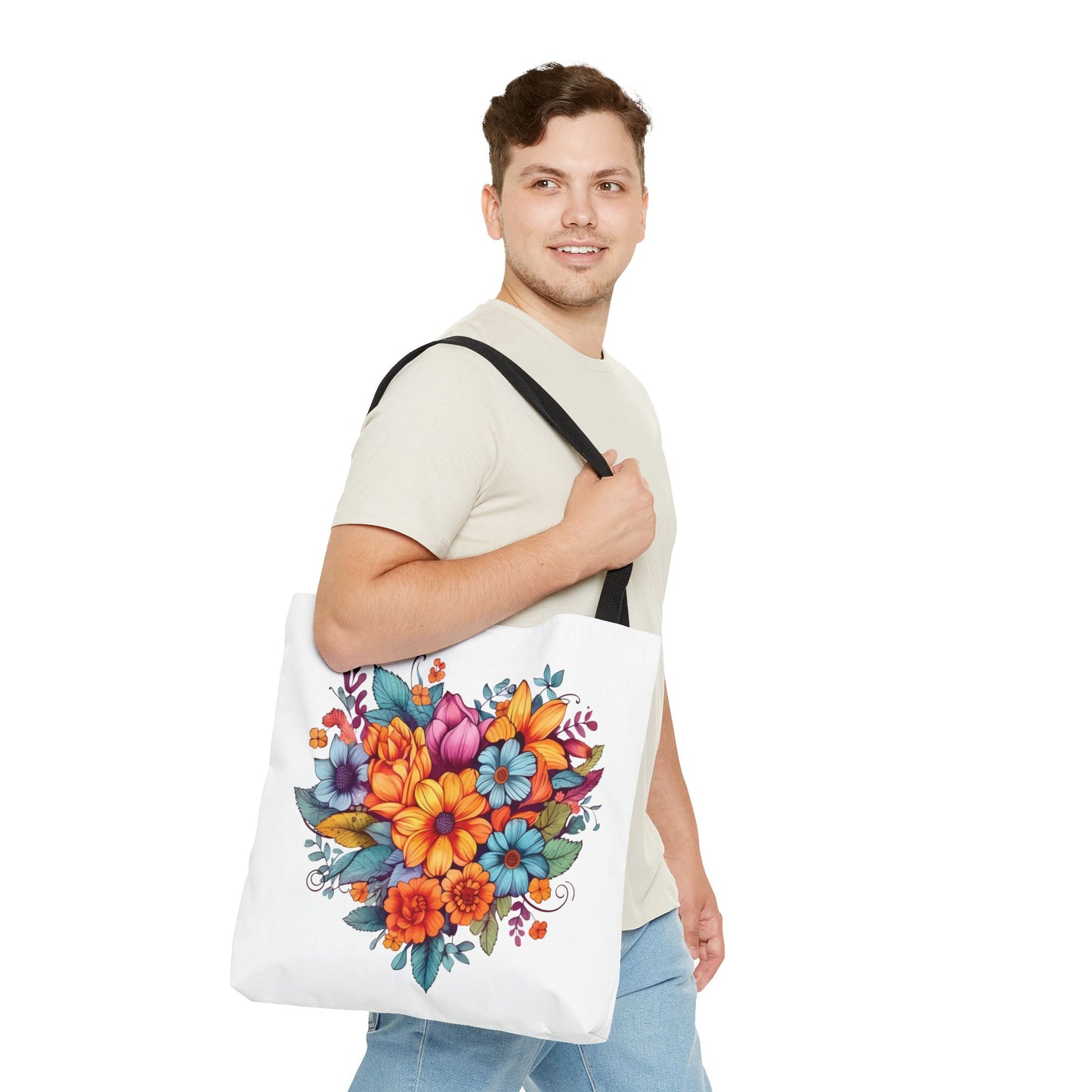 Floral Heart Bouquet Tote Bag – 100% Polyester – 2 Sizes
