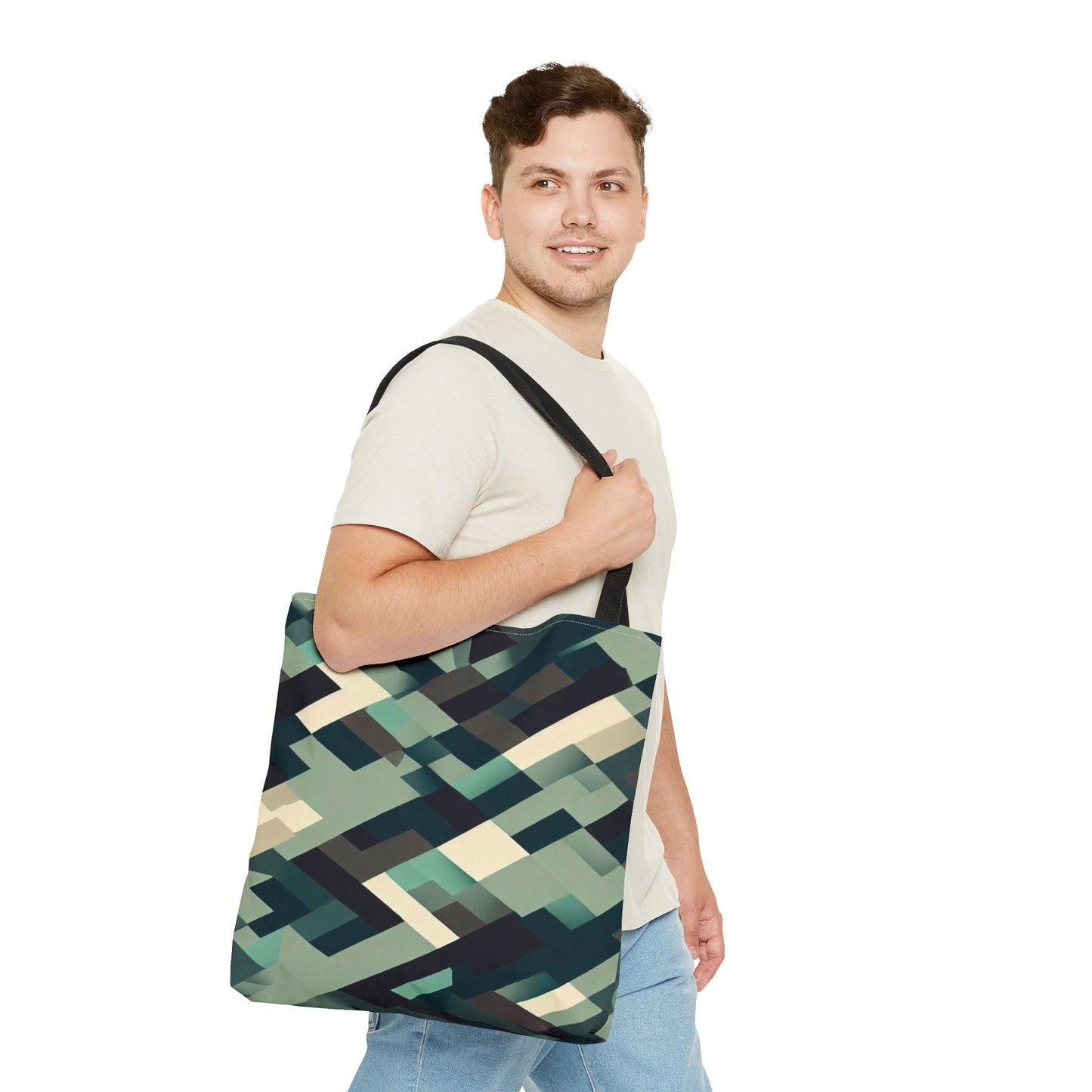 Geometric Green Block Pattern Tote Bag – 100% Polyester – 2 Sizes