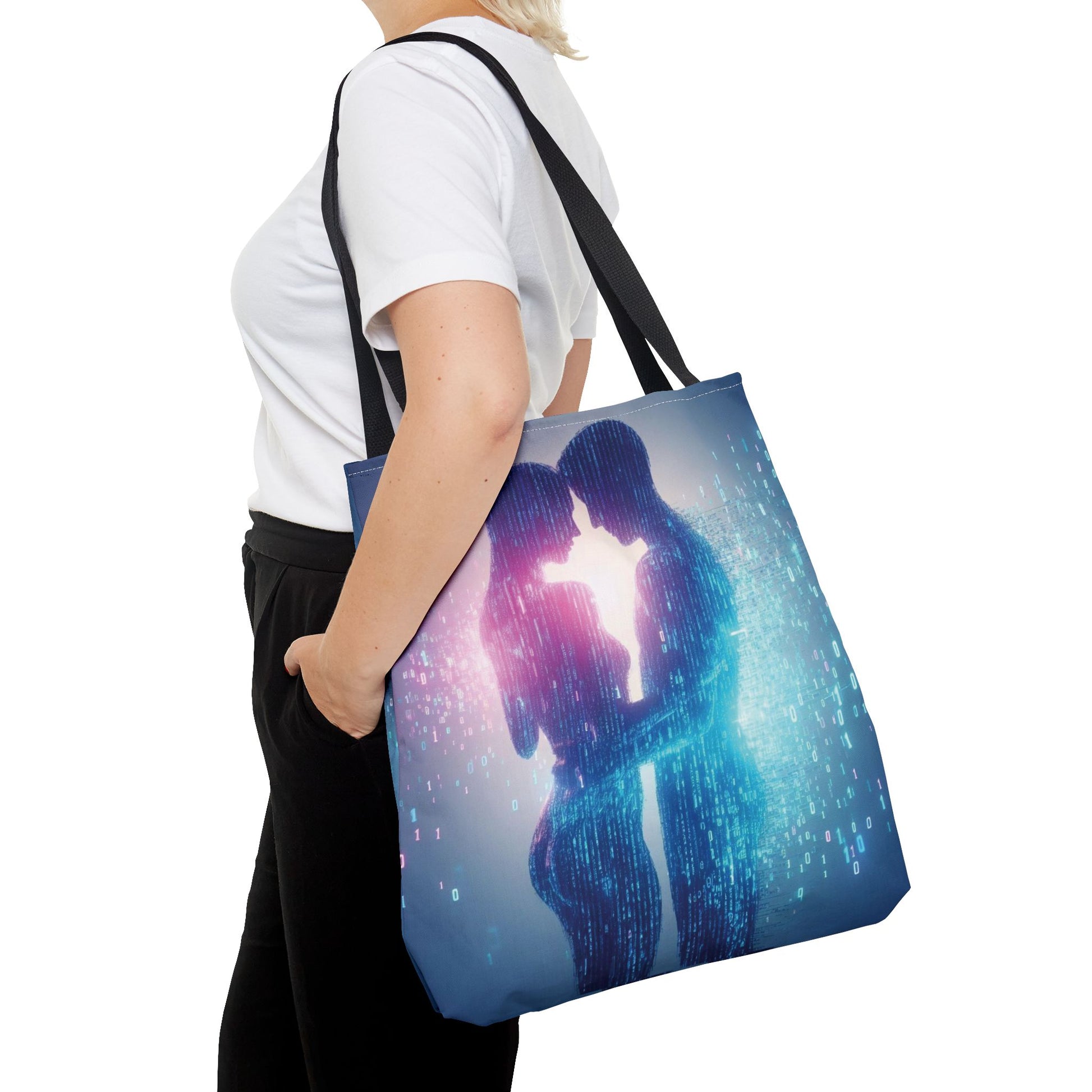 Person holding a tote bag with a futuristic design on a white background