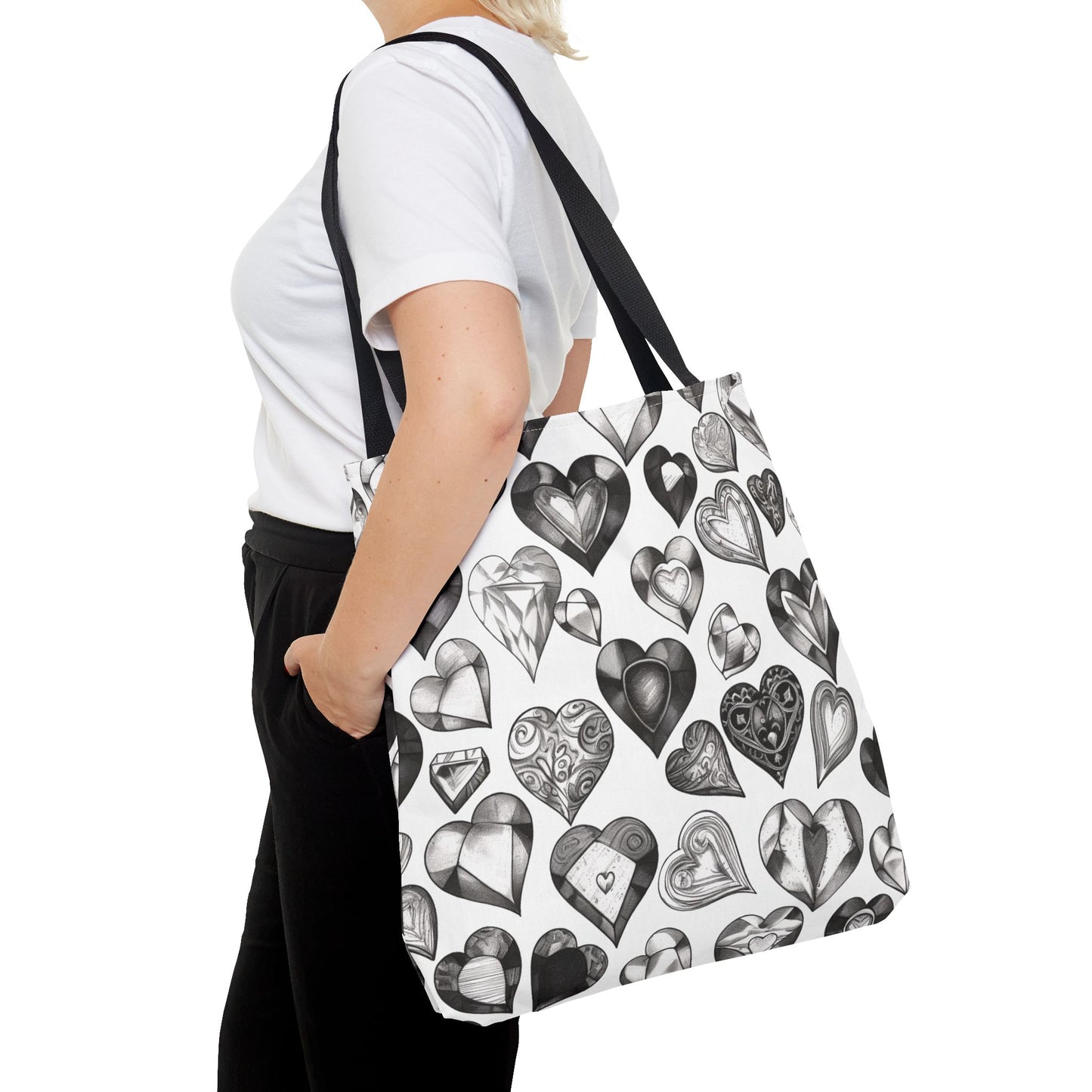 Grayscale Heart Pattern Tote Bag – 100% Polyester – 2 Sizes