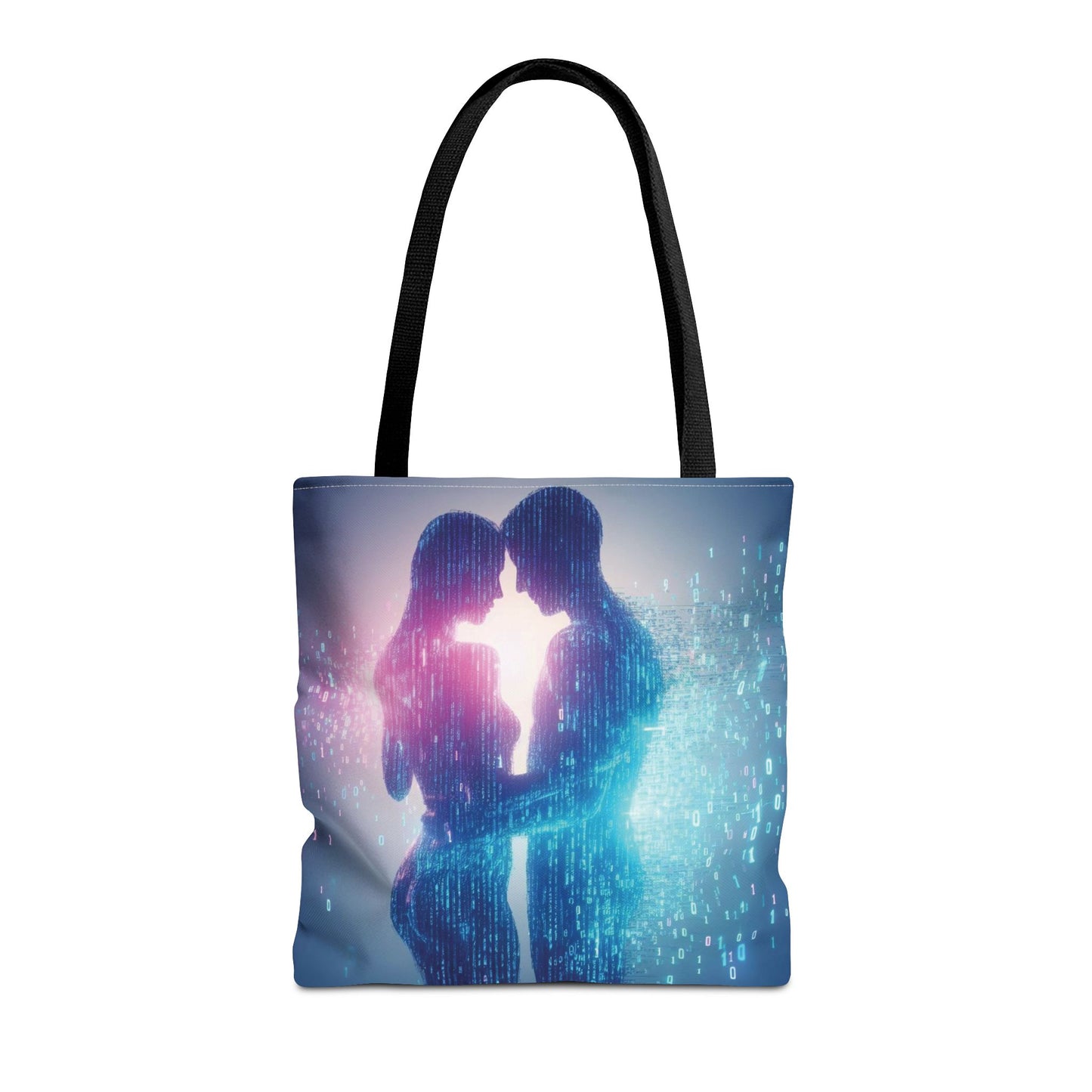 Tote bag with a design of two people embracing in a futuristic setting.