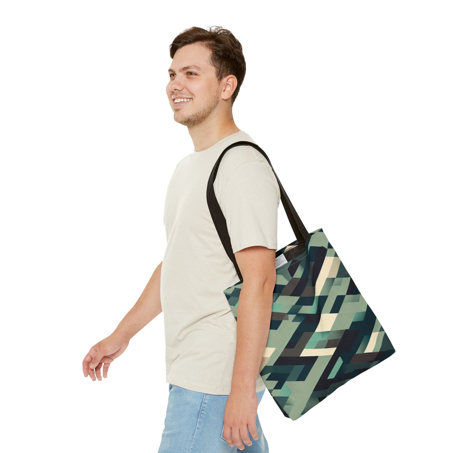 Geometric Green Block Pattern Tote Bag – 100% Polyester – 2 Sizes