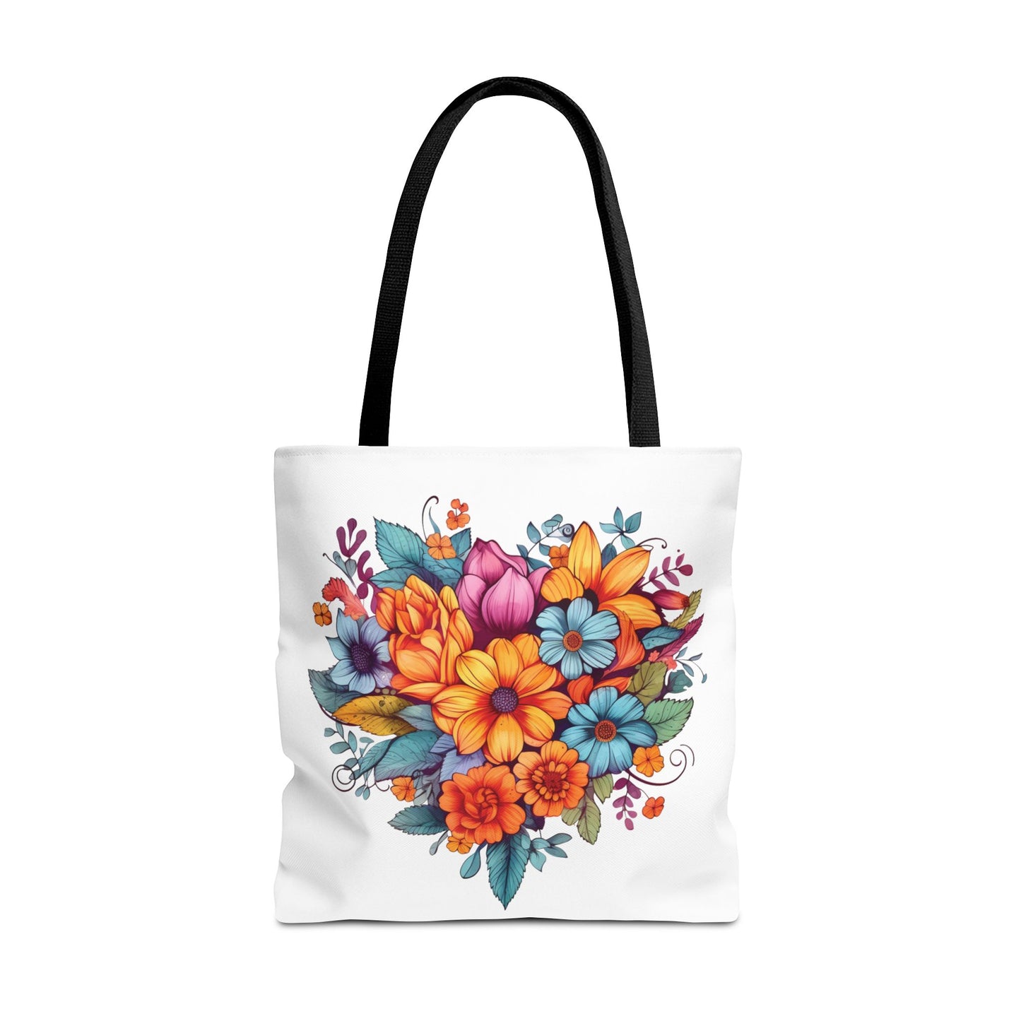 Floral Heart Bouquet Tote Bag – 100% Polyester – 2 Sizes