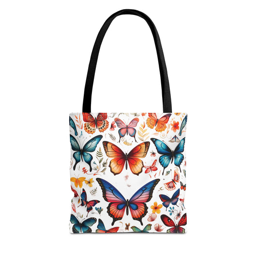 Tote bag with colorful butterfly design on a white background