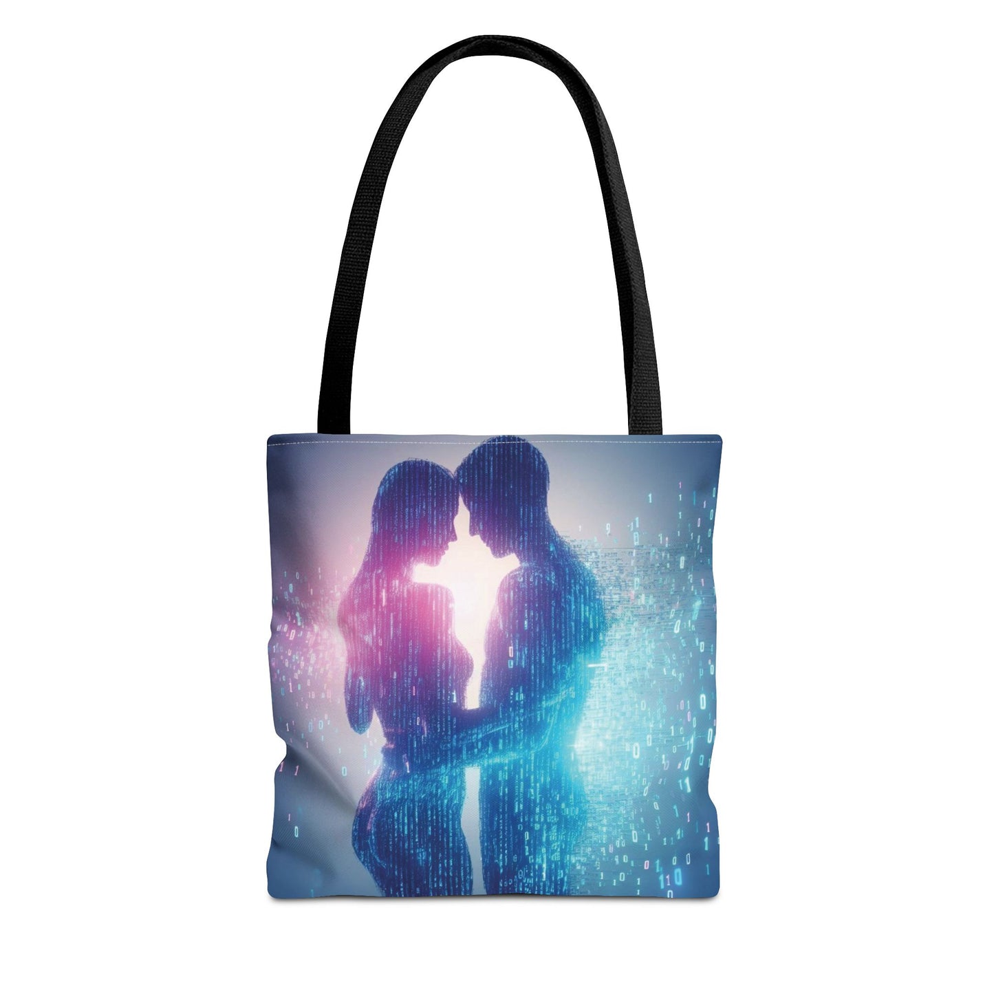 Tote bag with a design of two people embracing and holding hands on a white background