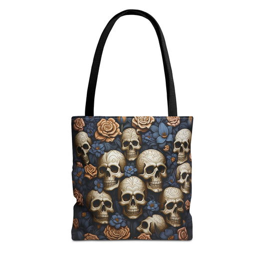 Tote bag with skull and floral pattern on a white background