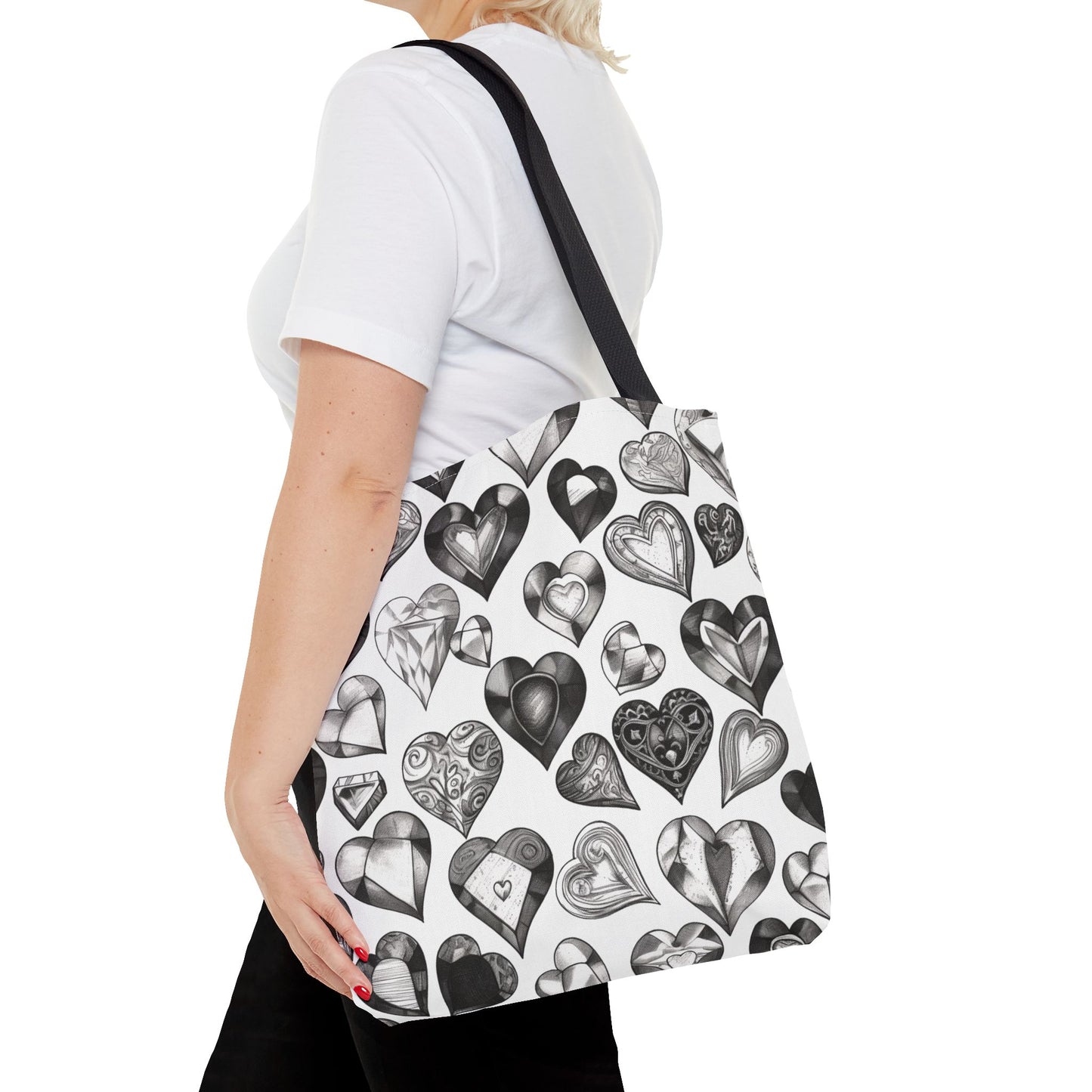 Grayscale Heart Pattern Tote Bag – 100% Polyester – 2 Sizes