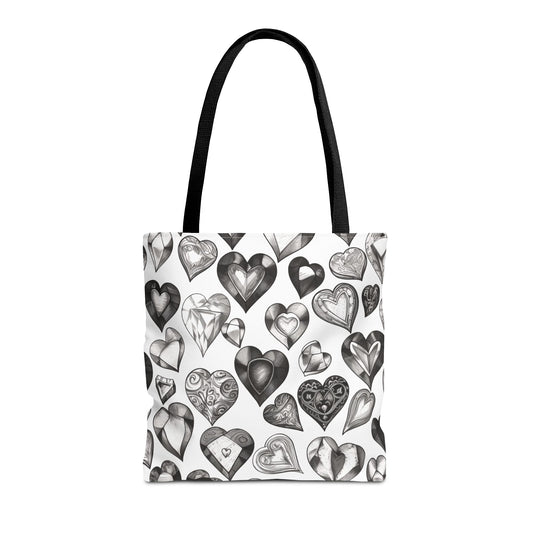 Grayscale Heart Pattern Tote Bag – 100% Polyester – 2 Sizes