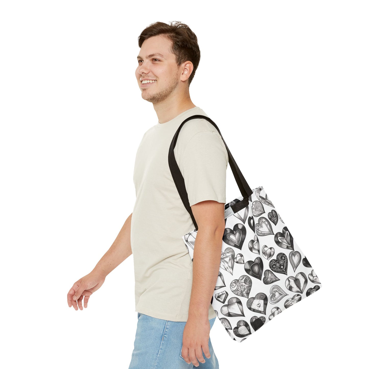 Grayscale Heart Pattern Tote Bag – 100% Polyester – 2 Sizes